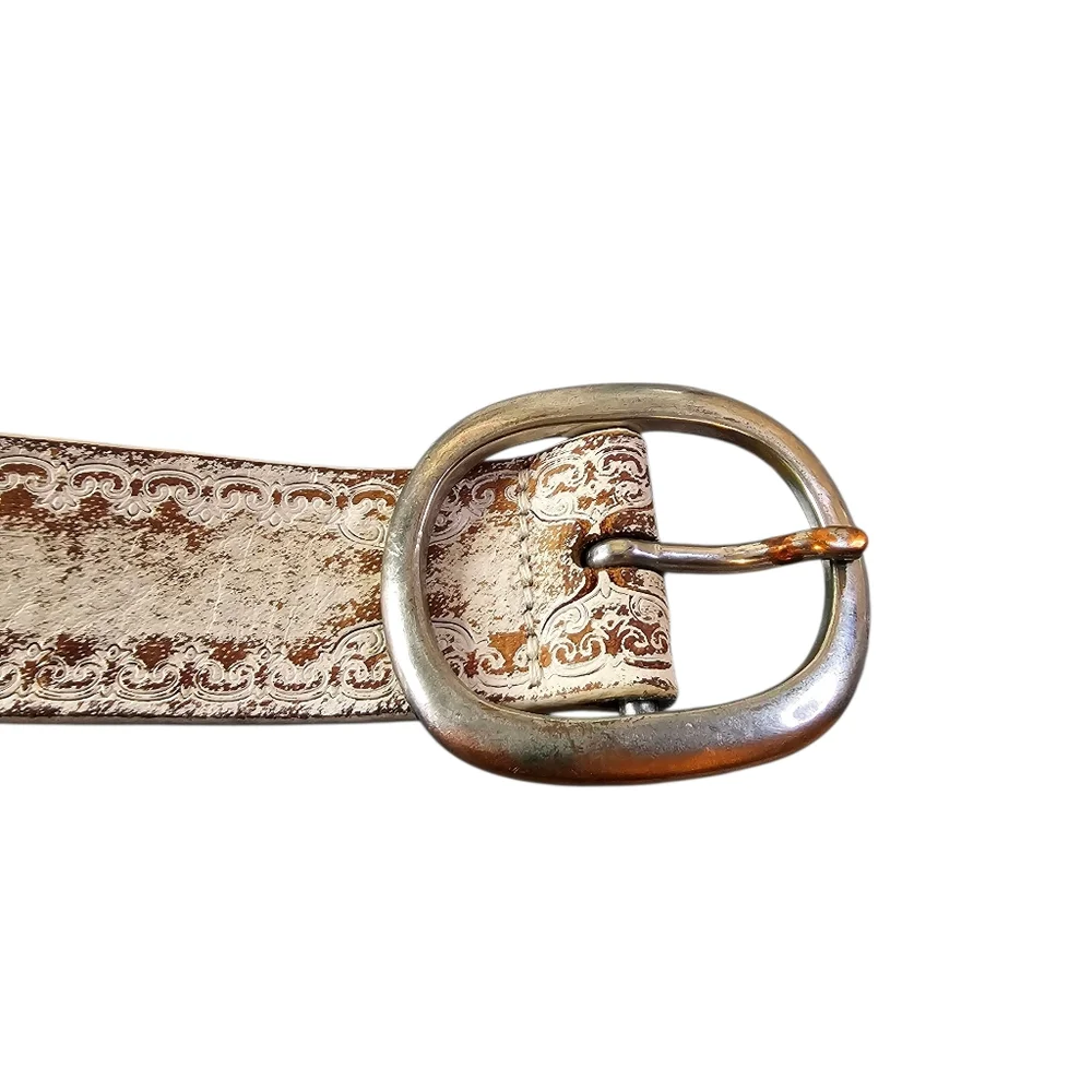 Vintage Old Navy Genuine Leather Belt Rustic White Western Boho Silver Buckle